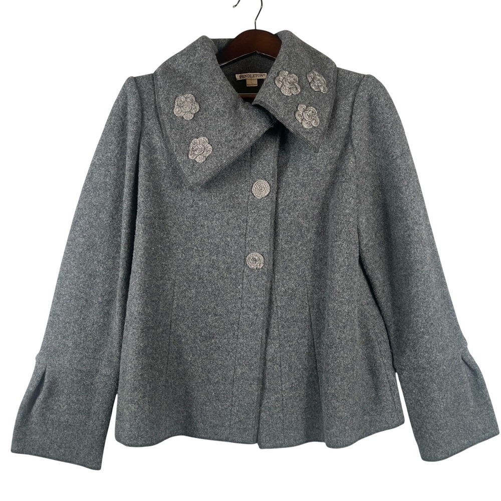 Pendleton Womens L Lambswool Gray Jacket Floral Applique Bell Sleeve Wool Coat